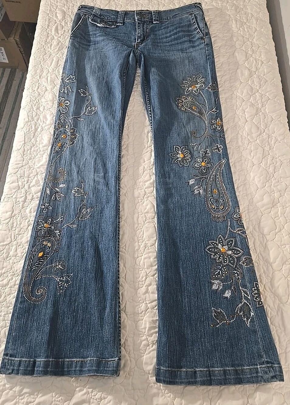 X2 Denim Laboratory Jeans 29 Y2K Rhinestone Embroidered Floral Flare Boho #0259